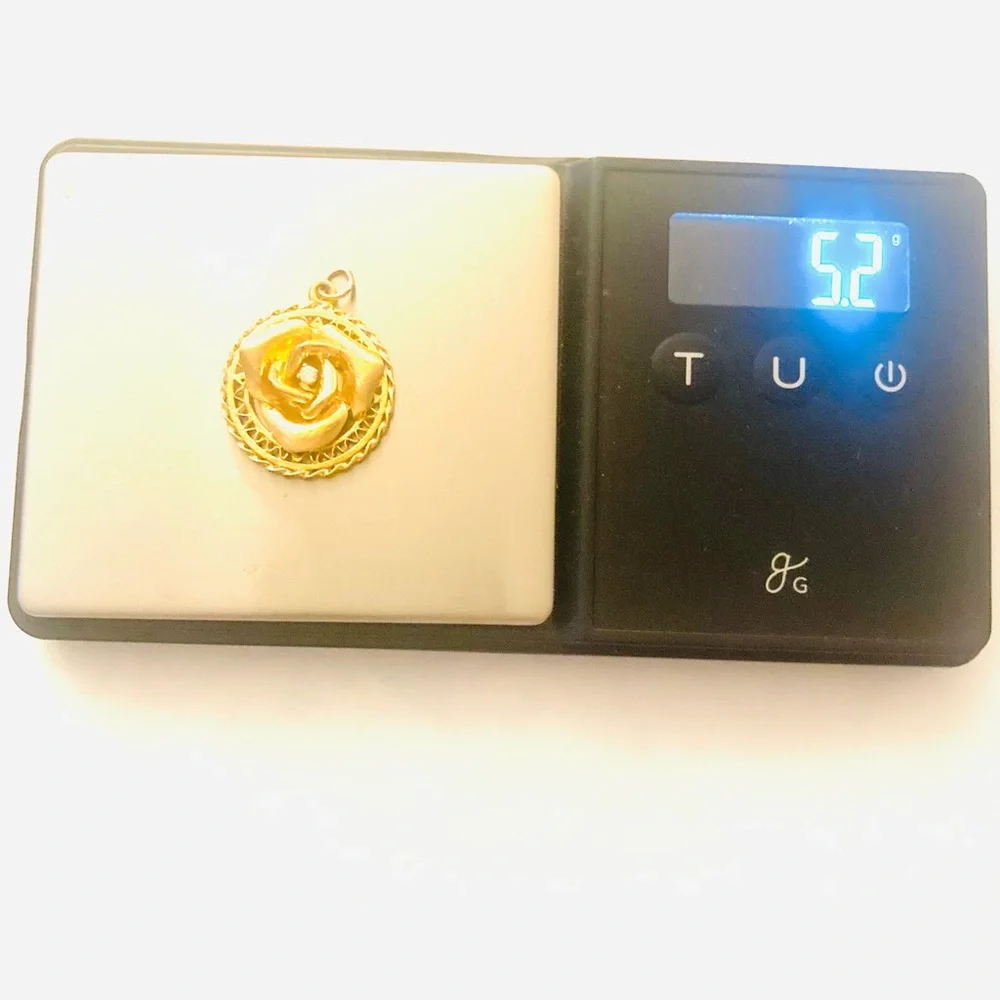 Vintage 14k Gold Rose Diamond Pendant Estate Jewelry, 5.2 Grams “Engraved Rose” - Picture 5 of 5